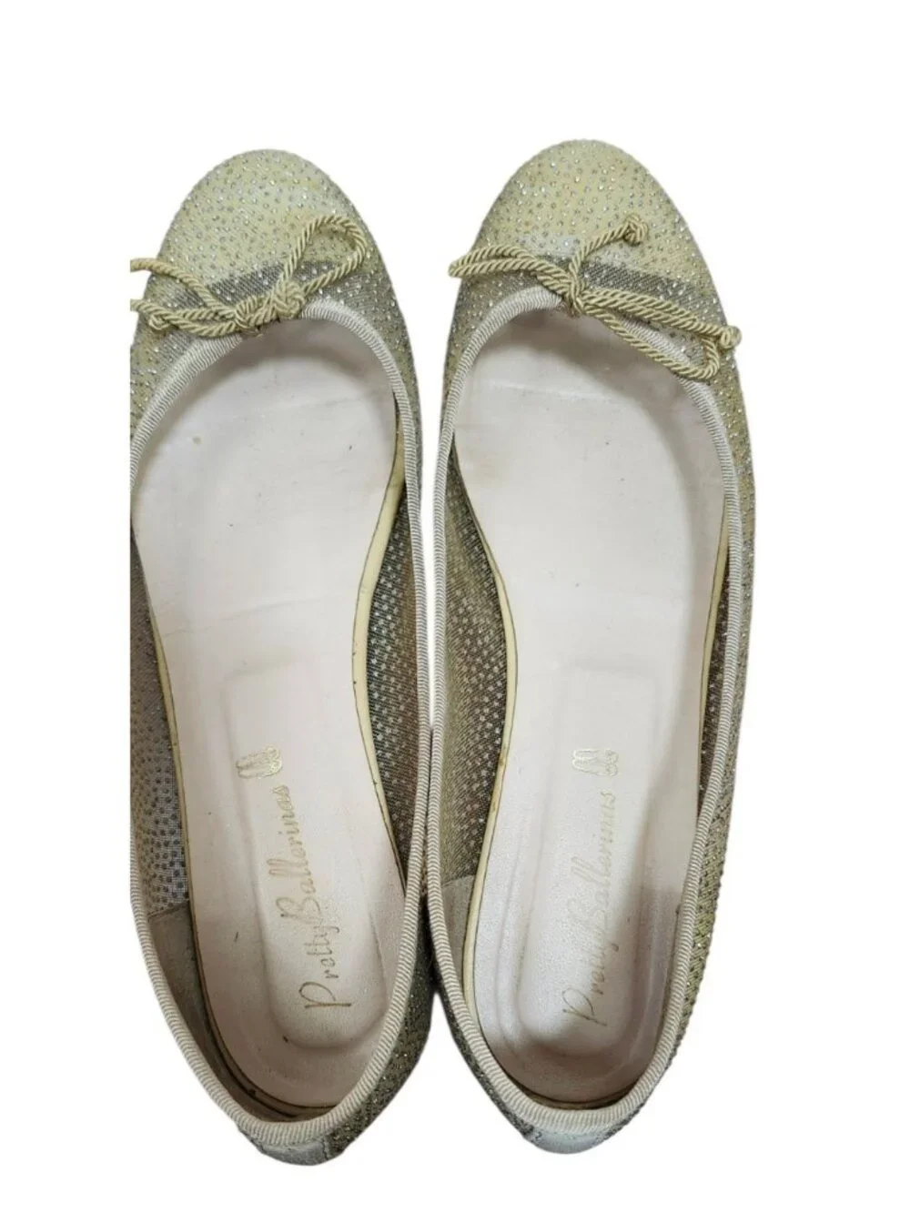 Pretty Ballerinas Size 40 Crystal Studded Ballet Flats Beige Gold Spain EU 40 - Picture 5 of 14